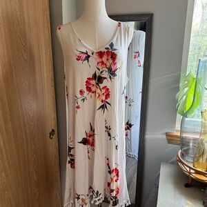 Floral Sleeveless Dress - White with Red and Pink Accents